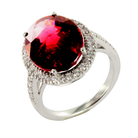 Bague or et rhodolite (20 carats) et diamants (0,3 carat), princesse rose ovale du sri lanka