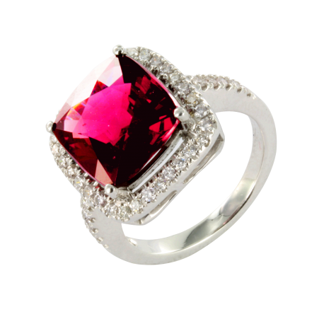 Bague or et rhodolite (10 carats) et diamants (0,3 carat), princesse grenat