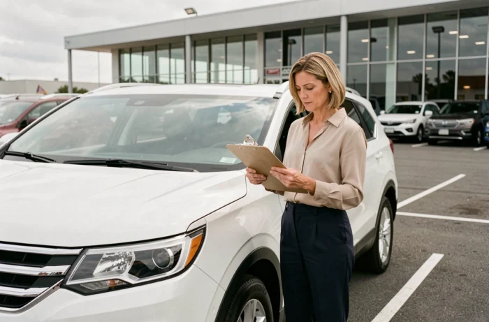 Femme examinant les documents d'achat d'un véhicule SUV blanc dans un concession automobile