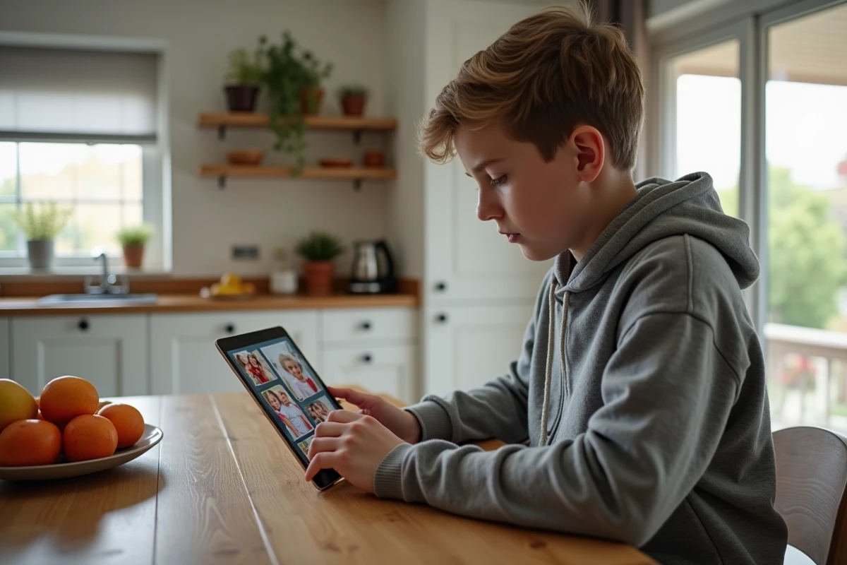 Adolescent téléchargeant des photos de famille sur une tablette