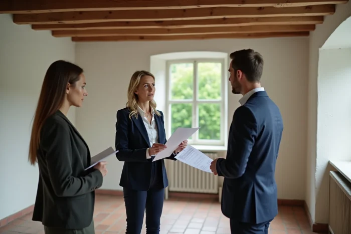 Agent immobilière présentant des documents à un couple dans une annexe non meublée avec poutres apparentes et carrelage en terre cuite