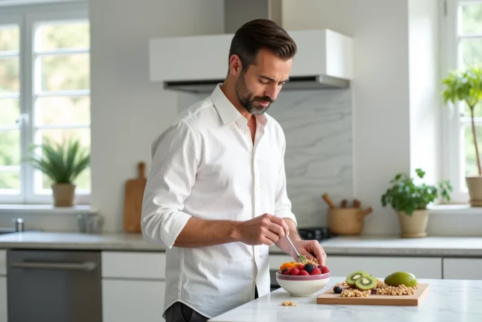 Homme préparant un bol de smoothie nutritif dans une cuisine moderne, représentant les habitudes alimentaires saines et les tendances santé 2024