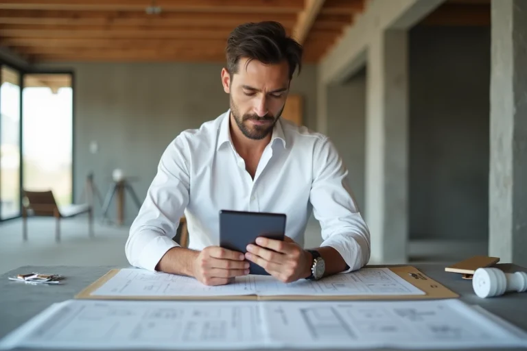 Architecte professionnel examine des plans de construction modernes