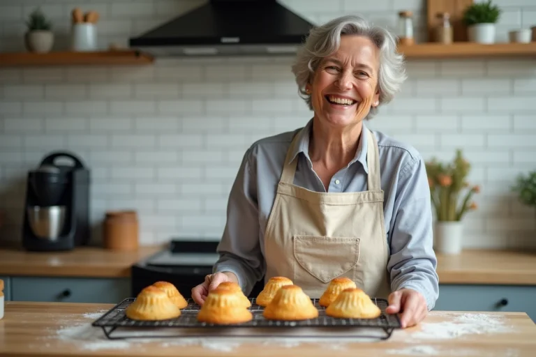 Femme en tablier joyeuse sortant des madeleines dorées de son four