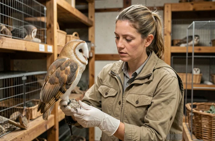 Biologiste en tenue de terrain tenant un hibou effraie lors d'un examen dans un centre de réhabilitation animalière