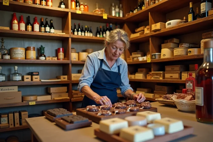 Intérieur d'une boutique traditionnelle basque à Dancharia avec des produits locaux et une commerçante