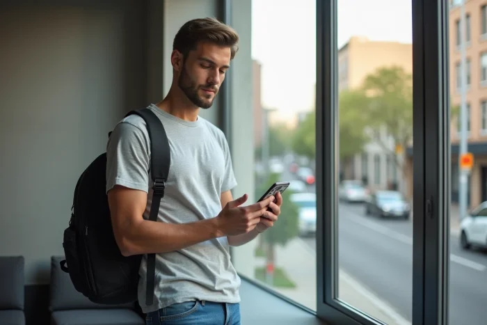 Voyageur confirmant un paiement sécurisé sur l'application Airbnb depuis son smartphone