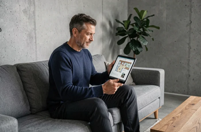 Homme consultant le plan du site d'un blog de décoration sur une tablette depuis son salon moderne