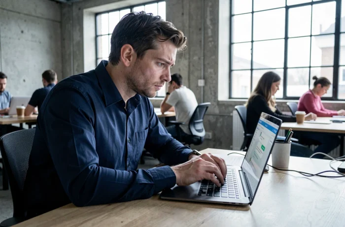 Homme utilisant le chat en ligne pour contacter le support MyCampus depuis un espace de coworking