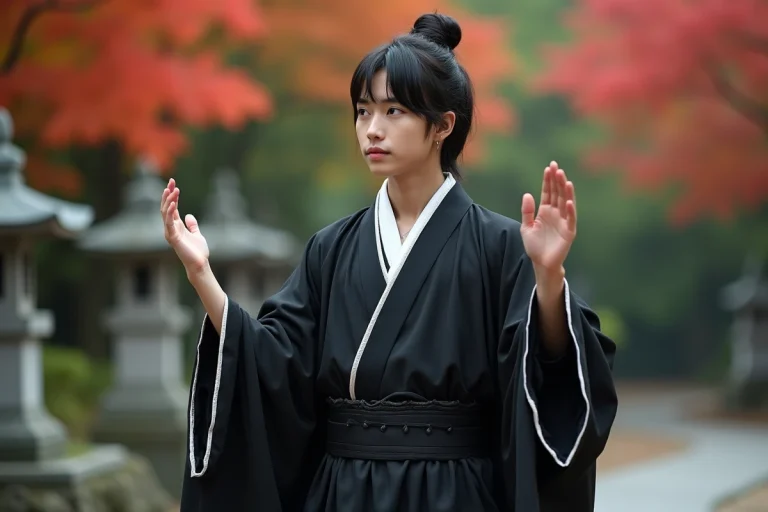 Cosplayeur en kimono noir style Bankai dans un jardin japonais en automne