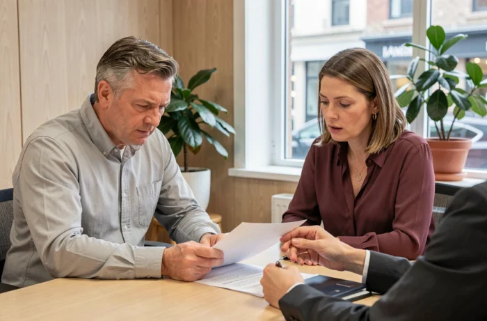 Couple en consultation gratuite chez le notaire examinant des documents officiels ensemble