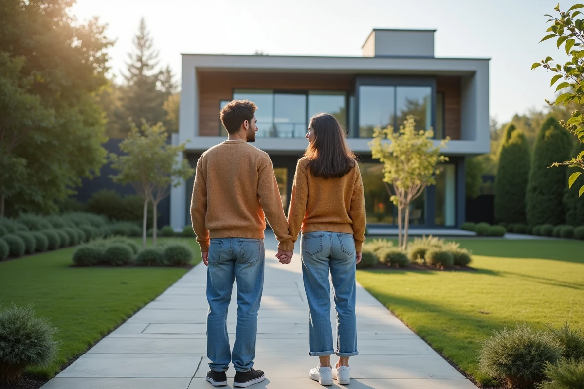Jeune couple heureux devant leur maison moderne finie