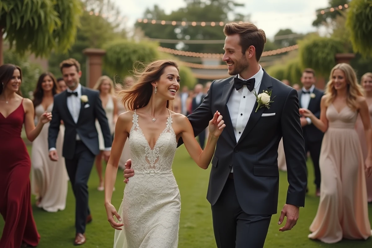 Jeune couple dansant la Madison en extérieur lors d