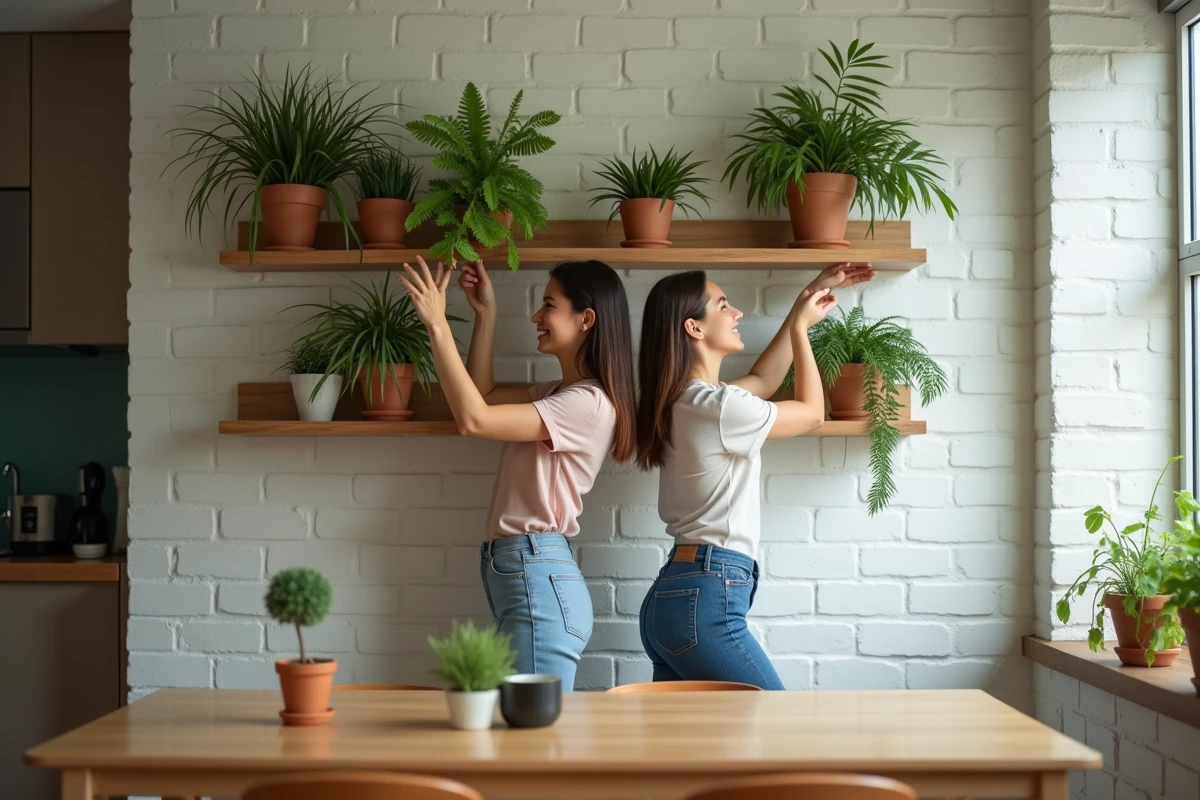 Jeune couple posant des plantes sur des étagères murales