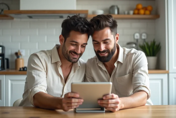 Couple consultant les détails de réservation et de paiement Airbnb sur une tablette dans leur cuisine