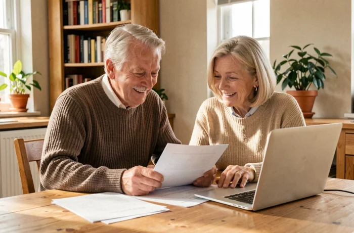 Couple de retraités consultant des documents financiers pour préparer leur retraite à la maison