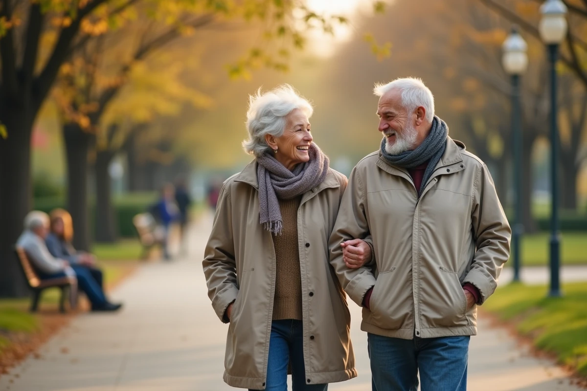 Couple senior se promenant dans un parc en été