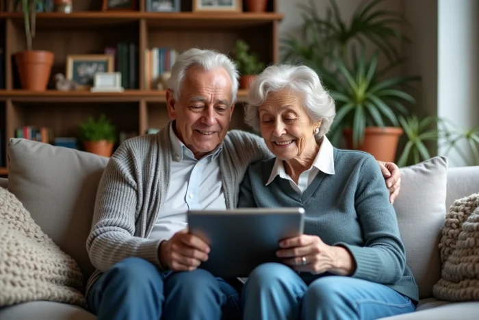 Couple de seniors en train de faire un appel vidéo sur une tablette dans leur salon, illustrant l'adaptation des personnes âgées aux nouvelles technologies