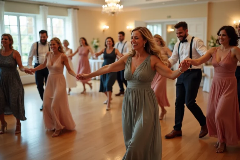 Groupe d'invites dansant la Madison lors d'un mariage