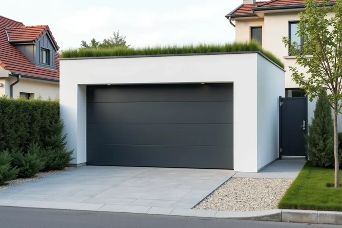 Dépendance garage moderne avec toiture végétalisée intégrée à une propriété résidentielle française en vue de rue