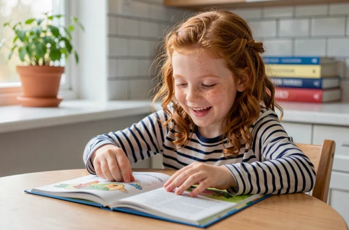 Une jeune fille aux cheveux bouclés roux lit avec enthousiasme un livre éducatif illustré assis à la table de cuisine familiale