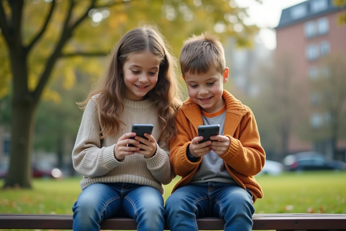 Deux enfants assis sur un banc dans un parc avec smartphones