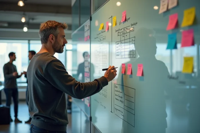 Entrepreneur présentant un plan stratégique sur un tableau blanc dans un bureau de startup
