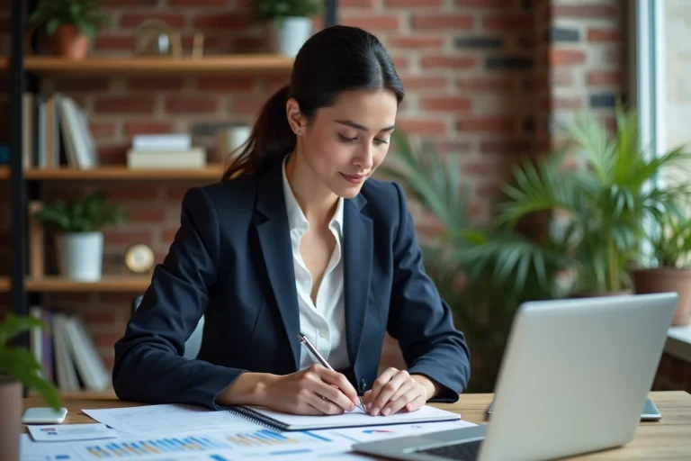 Entrepreneuse analysant un business plan sur son bureau dans un espace de coworking moderne
