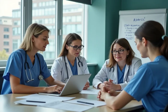 Équipe de professionnels de santé hospitaliers réunis autour de ressources et conseils professionnels lors d'une réunion pluridisciplinaire