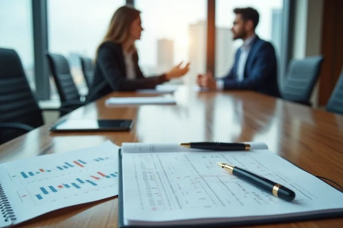 Documents financiers et carnet de notes sur une table de conférence en noyer avec des professionnels en arrière-plan flou