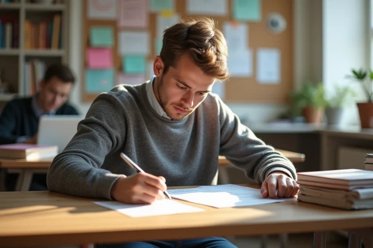 Jeune étudiant concentré remplissant un formulaire d'absence