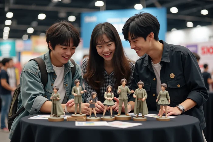 Groupe de fans d'anime examinant des figurines Bankai dans un salon de convention