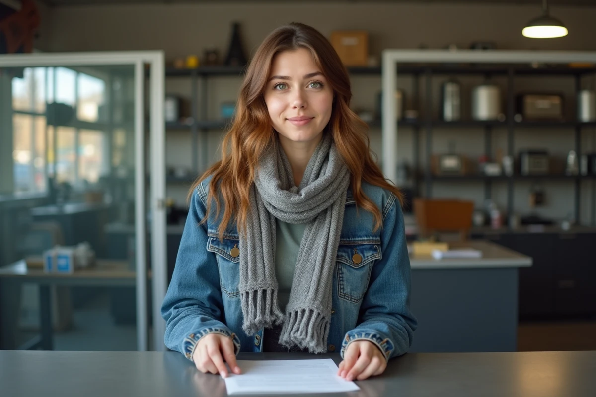 Jeune femme au comptoir de recyclage avec documents en main