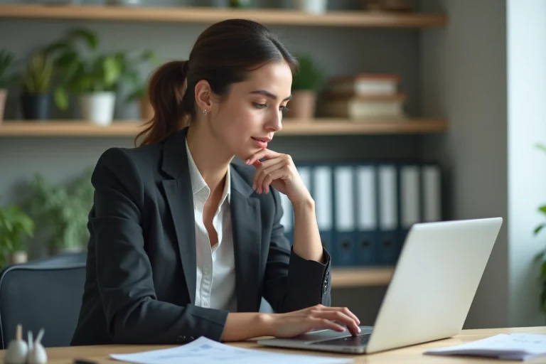 Femme en costume d'affaires regardant des graphiques financiers