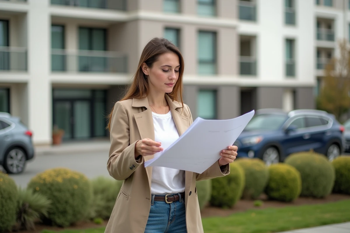 Jeune femme examinant plans devant immeuble neuf