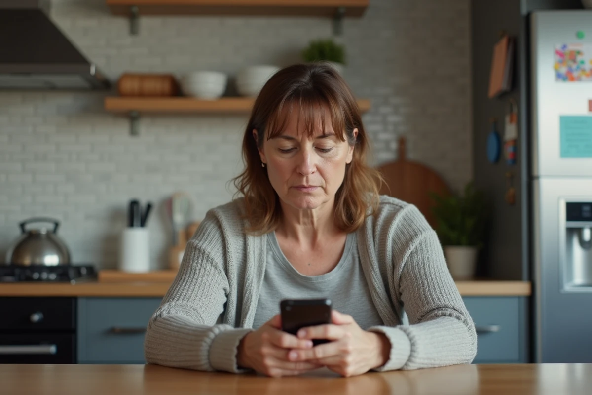 Femme regardant son smartphone dans la cuisine