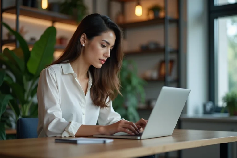 Femme au bureau travaillant sur son ordinateur portable