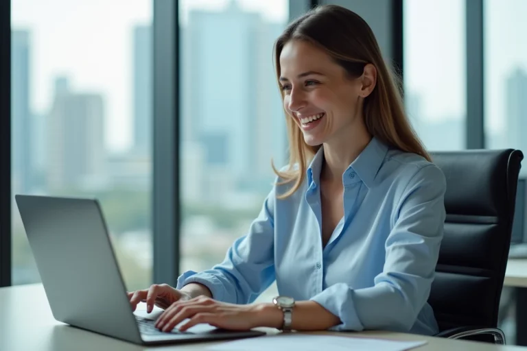 Femme souriante au bureau avec ordinateur portable