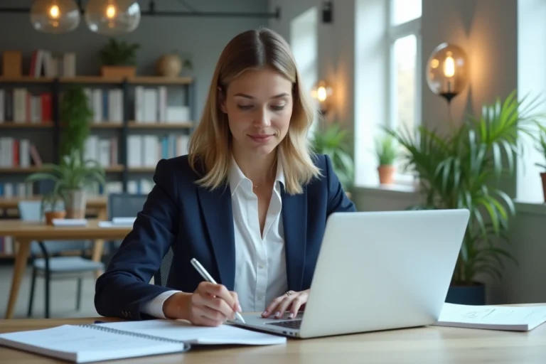 Femme en bureau moderne travaillant sur son ordinateur