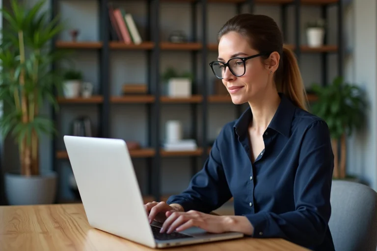 Femme concentrée travaillant sur son ordinateur dans un bureau moderne