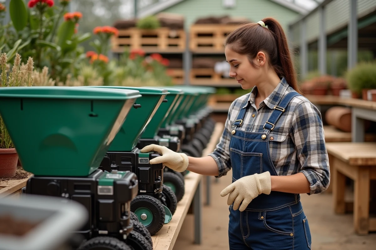 Jeune femme inspectant des broyeurs de jardin en centre de jardinage