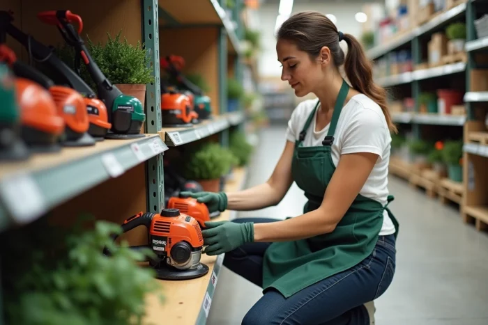 Femme comparant deux modèles de taille-bordure dans un magasin de jardinage pour choisir le meilleur outil