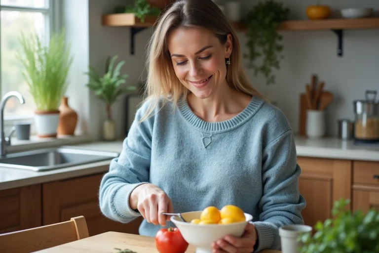 Femme en cuisine coupant des fruits frais pour un bol