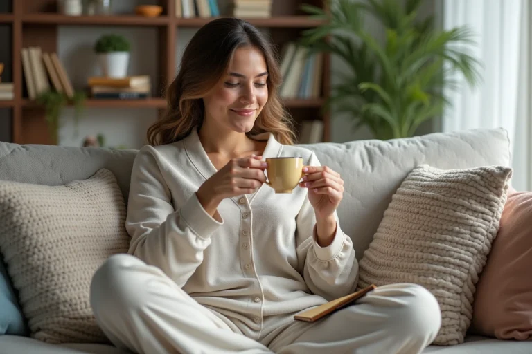 Femme détendue buvant du thé dans un salon cosy