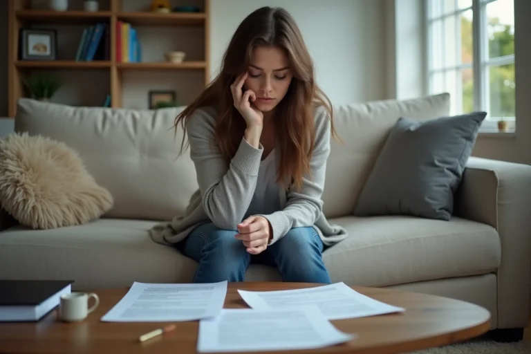 Femme pensant avec des documents juridiques dans un salon