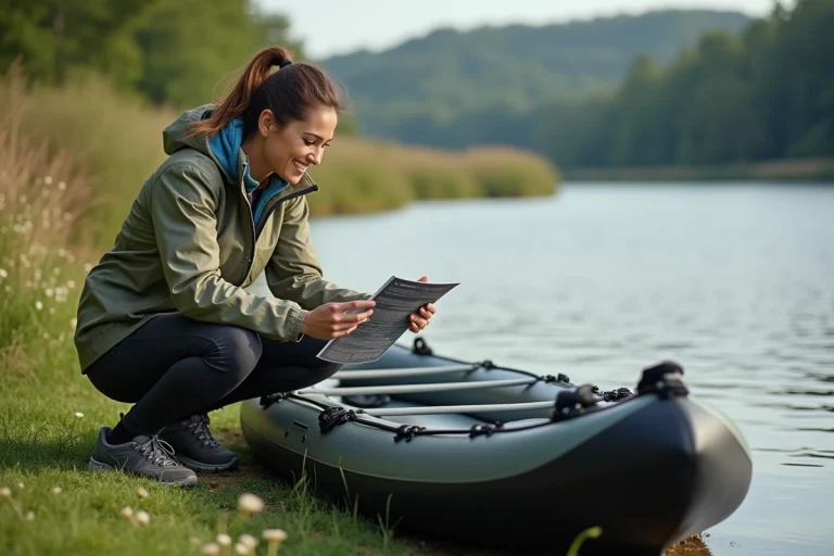 Femme souriante inspectant un kayak dégonflé au bord de la rivière