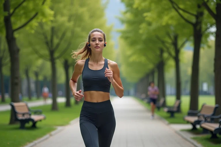 Femme en jogging dans un parc urbain verdoyant
