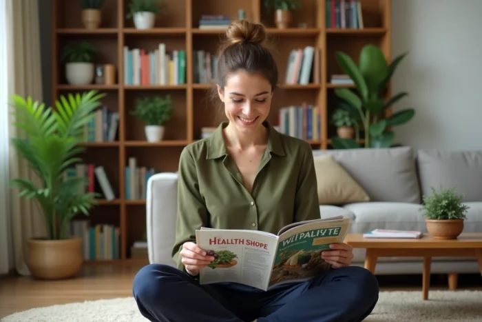Femme souriante lisant un magazine santé dans un salon cosy