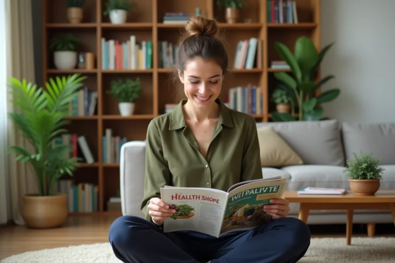 Femme souriante lisant un magazine santé dans un salon cosy