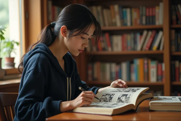 Femme lisant un manga dans une bibliothèque entourée de figurines de collection